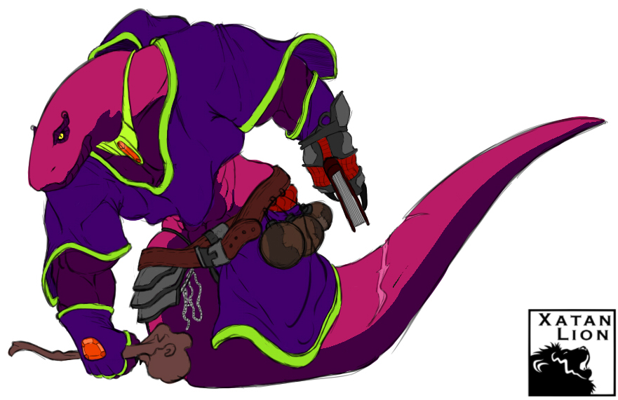 armor belt black_sclera bomb book cloak clothing explosives gauntlets gem gloves hood legless magic_user male muscular naga pendant pink_scales purple_scales reptile scales scalie snake staff wide_hips xatanlion