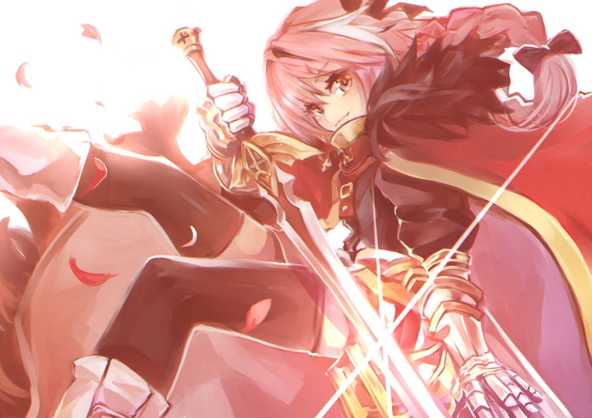 :3 aohoshi astolfo_(fate) backlighting bangs black_bow black_legwear black_shirt black_skirt bleeding blood bloom boots bow braid buckle cherry_blossoms closed_mouth commentary_request eyebrows_visible_through_hair eyelashes fate/apocrypha fate_(series) faulds feet_out_of_frame from_side fur-trimmed_cloak fur_collar gauntlets glint gold_trim gorget hair_between_eyes hair_bow hair_intakes hand_up holding holding_sword holding_weapon knee_boots light_smile lips long_hair long_sleeves looking_at_viewer looking_to_the_side male_focus miniskirt multicolored_hair otoko_no_ko petals pink_hair puffy_long_sleeves puffy_sleeves red_cloak red_eyes shirt simple_background single_braid skirt solo streaked_hair sword thighhighs two-tone_hair weapon white_background white_footwear white_hair zettai_ryouiki