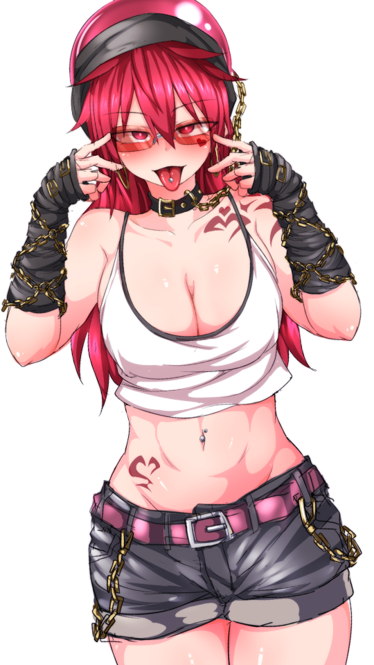 alternate_costume arm_tattoo bare_shoulders belt belt_buckle breasts buckle chain choker cleavage collarbone crop_top dutch_angle eyebrows_visible_through_hair facepaint hair_between_eyes hands_up heart hecatia_lapislazuli kuroba_rapid large_breasts long_hair looking_at_viewer midriff navel navel_piercing open_mouth piercing polos_crown red_eyes red_hair shorts simple_background sleeveless smile solo standing stomach stomach_tattoo sunglasses tattoo tongue tongue_out tongue_piercing touhou upper_body vambraces white_background