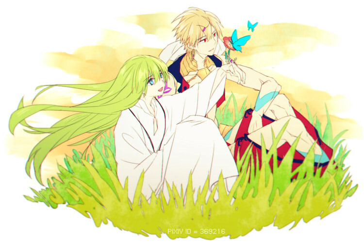 ankai_(rappelzankai) blonde_hair bodypaint bug butterfly enkidu_(fate/strange_fake) eyebrows_visible_through_hair fate/grand_order fate/strange_fake fate_(series) flower gilgamesh grass green_eyes green_hair hair_between_eyes insect jewelry long_hair long_sleeves looking_afar looking_up open_mouth pixiv_id red_eyes robe short_hair sitting smile white_robe wide_sleeves