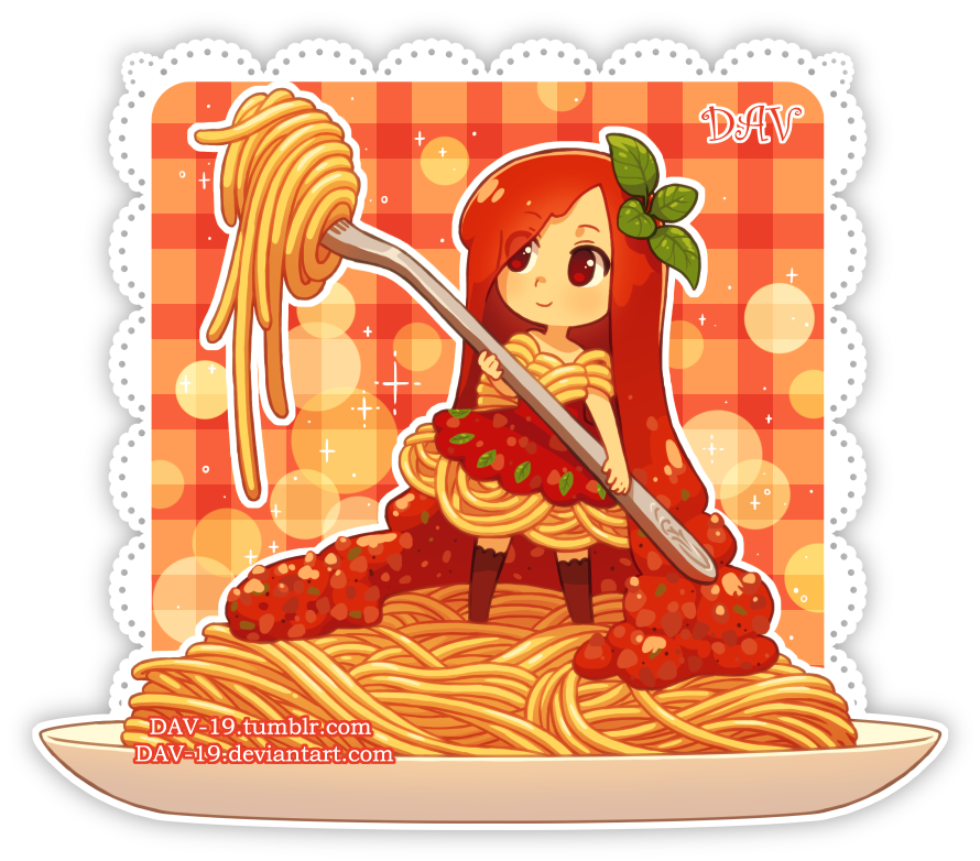 artist_name bangs brown_legwear chibi closed_mouth commentary dav-19 dress eyebrows_visible_through_hair eyes_visible_through_hair food food_themed_clothes fork full_body holding holding_fork in_food lace_background leaf long_hair looking_away looking_to_the_side original pasta personification plaid plate red_dress red_eyes red_hair short_sleeves smile solo spaghetti standing thighhighs tomato tomato_sauce transparent_background very_long_hair watermark web_address