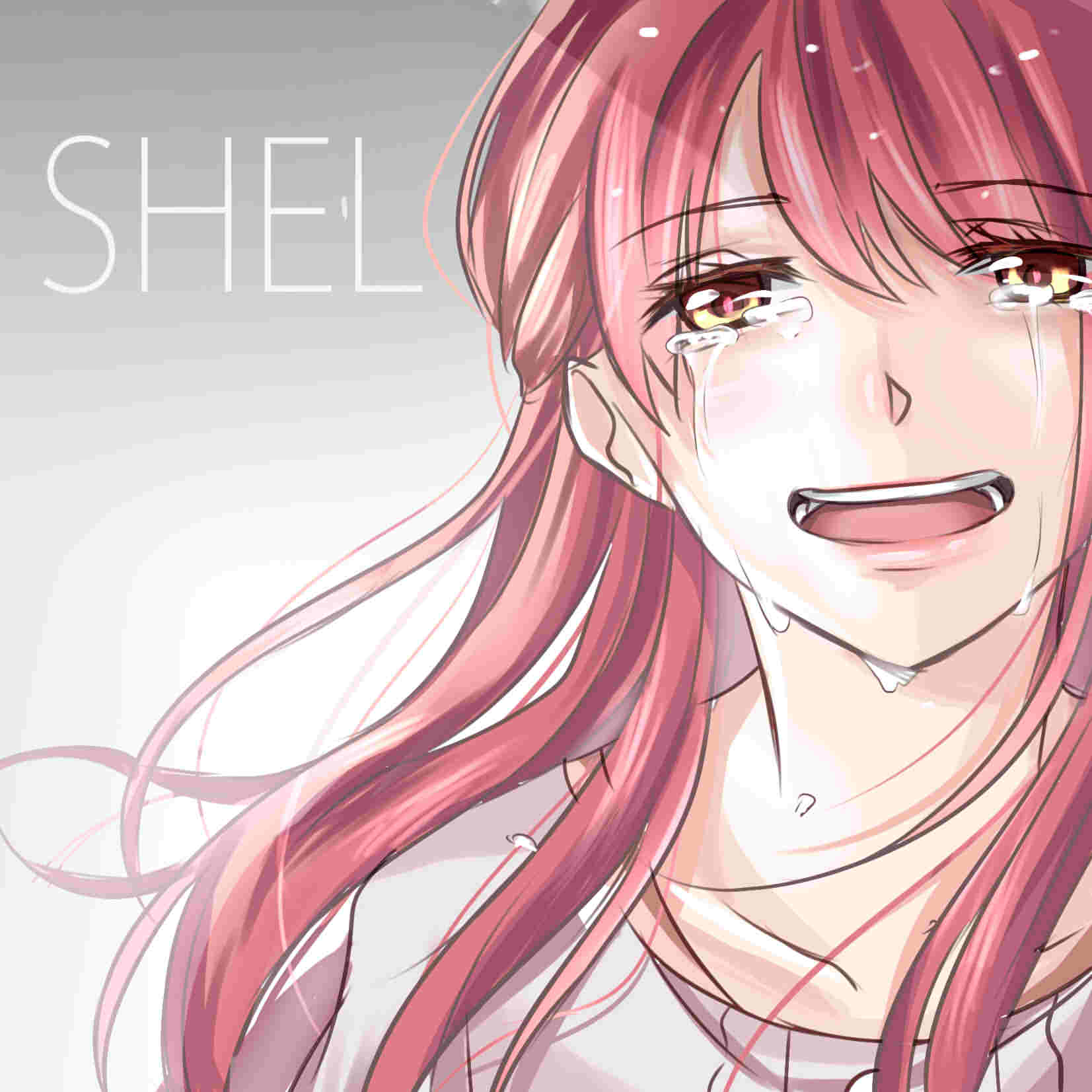 brown_eyes brown_hair close-up commentary crying crying_with_eyes_open dress english_commentary eyebrows_visible_through_hair face highres long_hair looking_at_viewer open_mouth rin_(shelter) shelter_(music_video) solo tears yoru_47