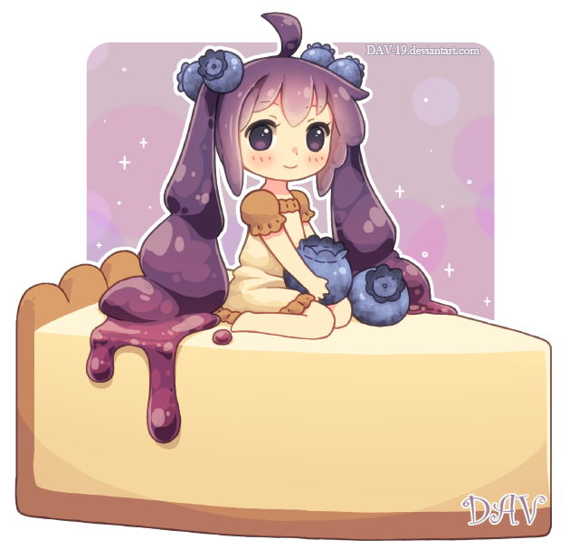 ahoge artist_name bangs barefoot beige_dress blueberry blueberry_hair_ornament blush cheesecake chibi closed_mouth dav-19 dress eyebrows_visible_through_hair food food_themed_clothes food_themed_hair_ornament frilled_dress frills fruit hair_ornament holding holding_food lace_background long_hair looking_at_viewer original personification puffy_short_sleeves puffy_sleeves purple_eyes purple_hair short_sleeves sidelocks sitting smile solo transparent_background twintails very_long_hair wariza watermark web_address