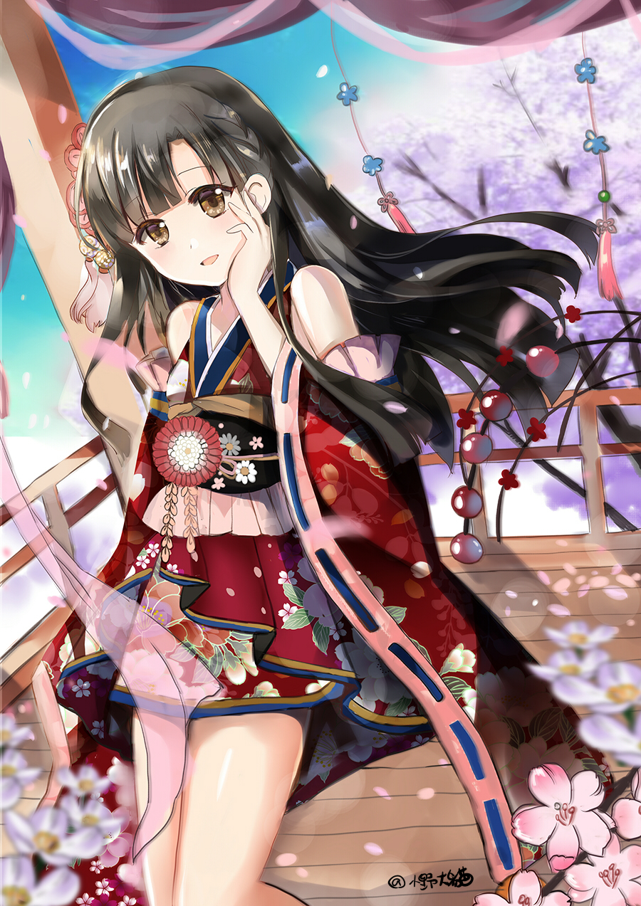 :d bangs black_hair blurry blurry_foreground blush brown_eyes commentary day depth_of_field detached_sleeves dutch_angle eyebrows_visible_through_hair floral_print flower hand_on_own_cheek highres idolmaster idolmaster_cinderella_girls idolmaster_cinderella_girls_starlight_stage japanese_clothes kimono kobayakawa_sae long_hair long_sleeves lunacats open_mouth outdoors pink_flower print_kimono red_kimono ribbon-trimmed_legwear ribbon_trim sleeveless sleeveless_kimono smile solo twitter_username very_long_hair white_flower wide_sleeves