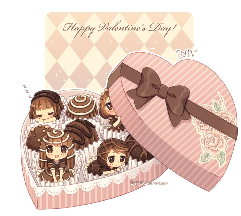 :d argyle artist_name bangs blush bow box box_of_chocolates brown_bow brown_dress brown_eyes brown_hair chibi chocolate closed_eyes closed_mouth dav-19 diagonal_stripes dress embarrassed eyebrows_visible_through_hair floral_print food_themed_clothes frilled_dress frills happy_valentine heart-shaped_box holding lace_background long_hair looking_at_viewer looking_away multiple_girls open_mouth original peeking_out personification puffy_short_sleeves puffy_sleeves rose_print short_hair short_sleeves sleeping smile striped transparent_background valentine watermark web_address zzz