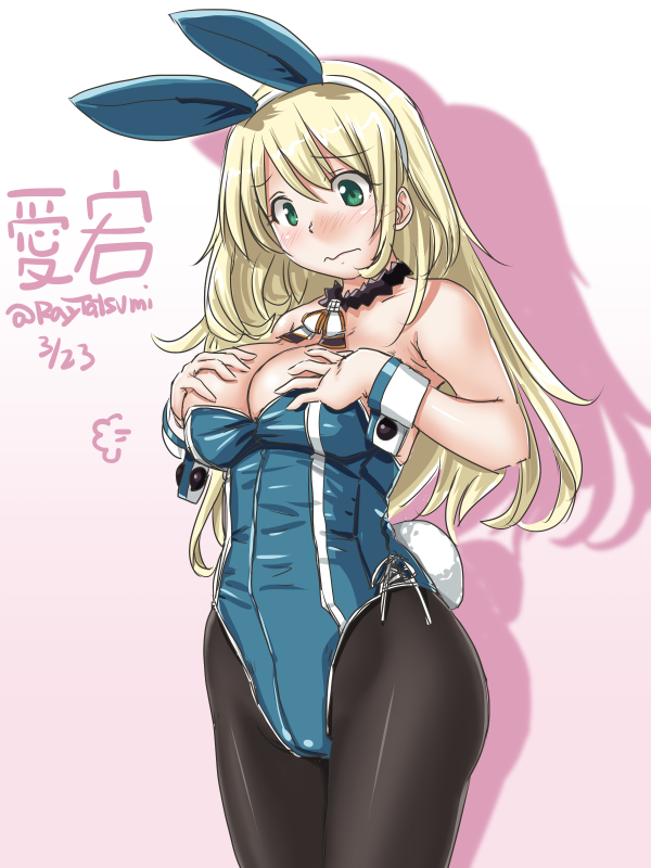 adapted_costume animal_ears atago_(kantai_collection) bare_arms black_legwear blonde_hair blue_leotard blush breast_conscious breasts bunny_ears bunny_tail bunnysuit character_name cleavage closed_mouth covering covering_breasts cowboy_shot dated detached_collar eyebrows_visible_through_hair fake_animal_ears fake_tail frown gradient gradient_background green_eyes hairband kantai_collection large_breasts leotard long_hair looking_down nose_blush pantyhose pink_background raised_eyebrows shadow side-tie_leotard solo standing straight_hair tail tareme tatsumi_ray twitter_username undersized_clothes white_hairband wrist_cuffs