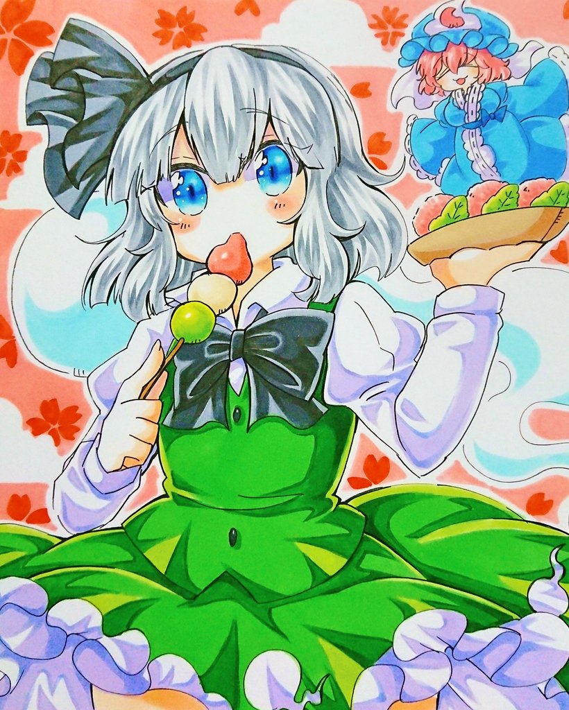 black_neckwear blue_bow blue_eyes blue_kimono blush bow bowtie breasts buttons center_frills check_commentary cherry_blossoms closed_eyes cloud commentary_request dango eating eyebrows_visible_through_hair floral_background flying food frilled_skirt frilled_sleeves frills green_skirt green_vest grey_hair hair_between_eyes hair_ribbon hand_up hat hitodama holding holding_food holding_plate japanese_clothes juliet_sleeves kimono konpaku_youmu konpaku_youmu_(ghost) large_breasts leaf long_sleeves looking_at_viewer medium_hair mob_cap multiple_girls open_mouth outstretched_arms petticoat pink_background pink_hair plate puffy_sleeves ribbon saigyouji_yuyuko sakura_mochi sash shirt short_hair skirt spread_arms standing surigoma touhou traditional_media triangular_headpiece tsurime veil vest wagashi white_shirt wide_sleeves wing_collar