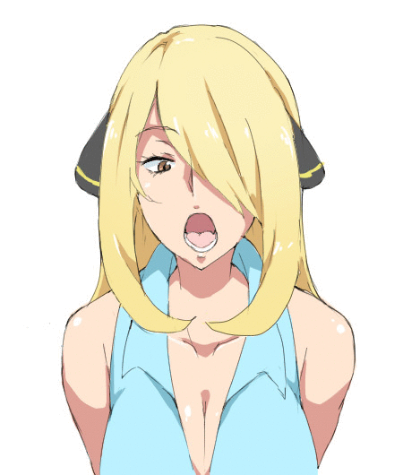 1girl animated animated_gif bare_shoulders breasts cleavage closed_mouth cum cum_on_breasts ejaculation eyes_closed facial hair_over_one_eye large_breasts licking_lips open_mouth pokemon shirona_(pokemon) solo tongue tongue_out
