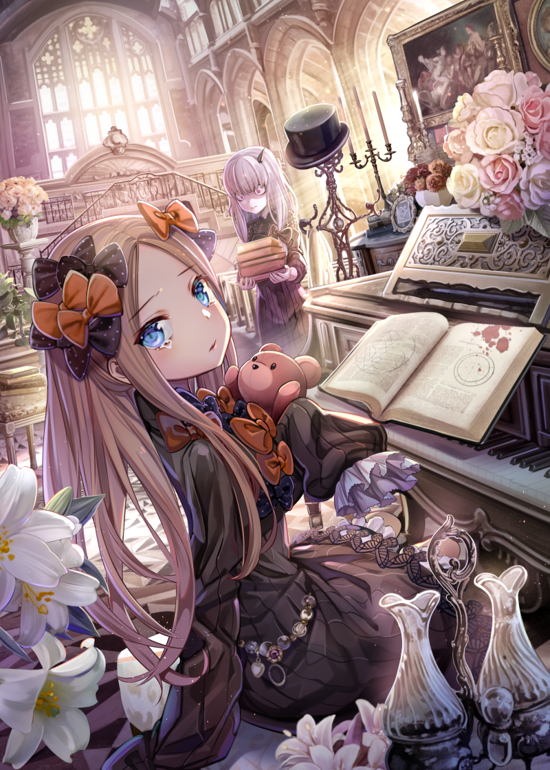 abigail_williams_(fate/grand_order) arm_support backlighting bangs black_bow black_dress black_hat blonde_hair blood blood_splatter blood_stain bloom bloomers blue_eyes book book_stack bow bug butterfly candelabra candle closed_mouth coat_rack commentary day dress dutch_angle english_commentary eyebrows_visible_through_hair fate/grand_order fate_(series) flower forehead frilled_sleeves frills hair_bow hat hat_removed headwear_removed holding holding_book horn indoors insect instrument lavinia_whateley_(fate/grand_order) long_hair long_sleeves looking_at_viewer looking_to_the_side multiple_girls object_hug open_book orange_bow painting_(object) pale_color parted_bangs piano picture_frame pink_flower pink_rose polka_dot polka_dot_bow rose silver_hair sitting sleeves_past_fingers sleeves_past_wrists striped stuffed_animal stuffed_toy sunlight tears teddy_bear textbook torino_akua underwear very_long_hair white_bloomers white_flower white_rose window