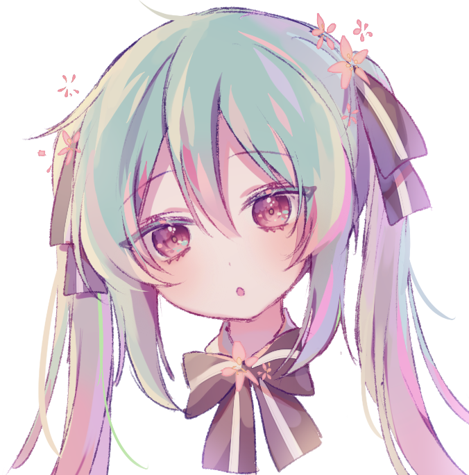 bangs black_bow black_ribbon blush bow brown_eyes commentary_request eyebrows_visible_through_hair green_hair hair_between_eyes hair_ribbon hatsune_miku head head_tilt long_hair looking_at_viewer poyo_(shwjdddms249) ribbon simple_background solo striped striped_bow striped_ribbon twintails vocaloid white_background wing_collar
