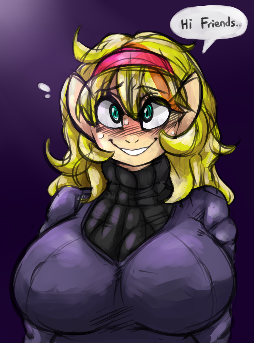 anthro blush clothed clothing colored_sketch cosplay cuddlesong cuddlesong_(mlp) english_text equine female hex_maniac looking_at_viewer mammal my_little_pony nintendo nipple_bulge pok&eacute;mon smile solo text video_games