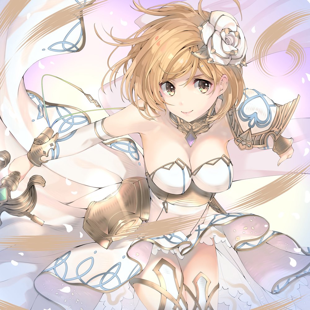 bare_shoulders blonde_hair breasts cleavage commentary_request cosplay detached_sleeves djeeta_(granblue_fantasy) flower granblue_fantasy hair_flower hair_ornament looking_at_viewer medium_breasts naruse_hirofumi short_hair shoulder_pads smile solo the_glory the_glory_(cosplay) thighhighs yellow_eyes