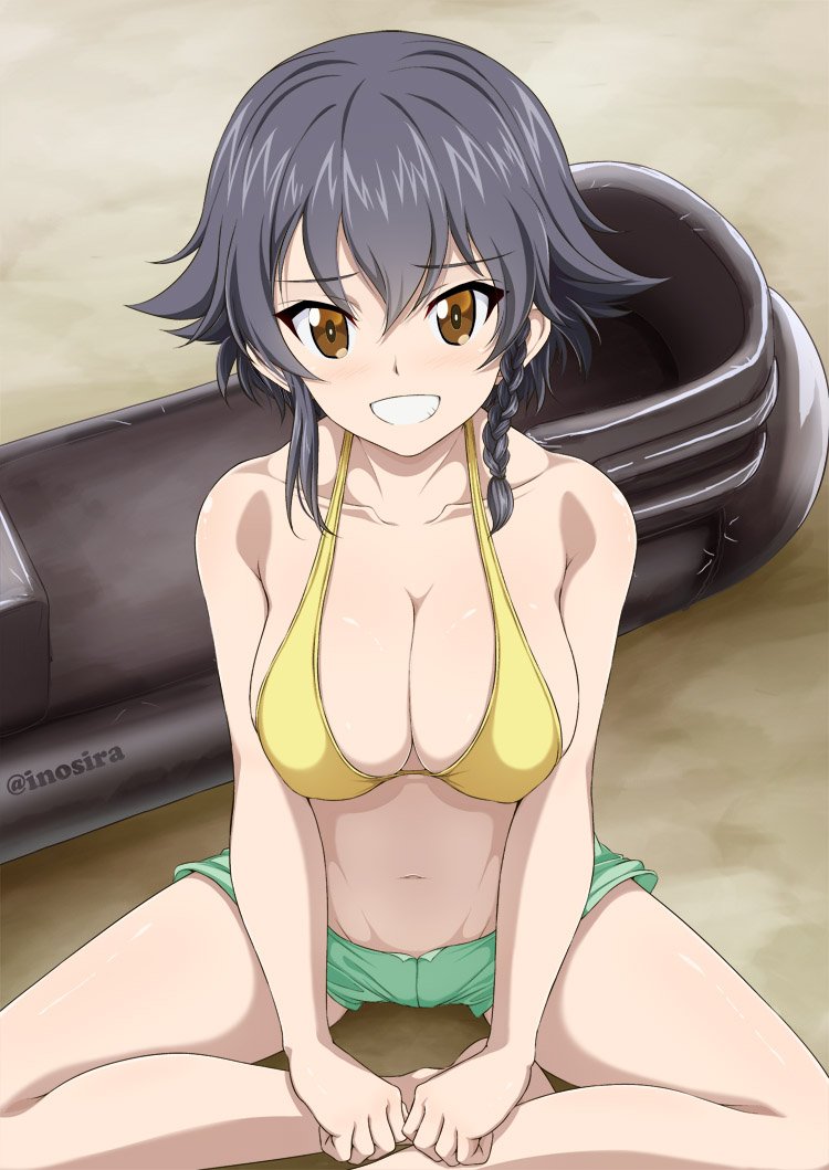bangs bare_shoulders bikini_top black_hair blush braid breasts brown_eyes collarbone commentary_request eyebrows_visible_through_hair girls_und_panzer green_shorts grin hair_between_eyes indian_style inflatable_toy inoshira large_breasts looking_at_viewer navel pepperoni_(girls_und_panzer) short_braid short_hair short_shorts shorts side_braid sitting smile solo thighs twitter_username yellow_bikini_top