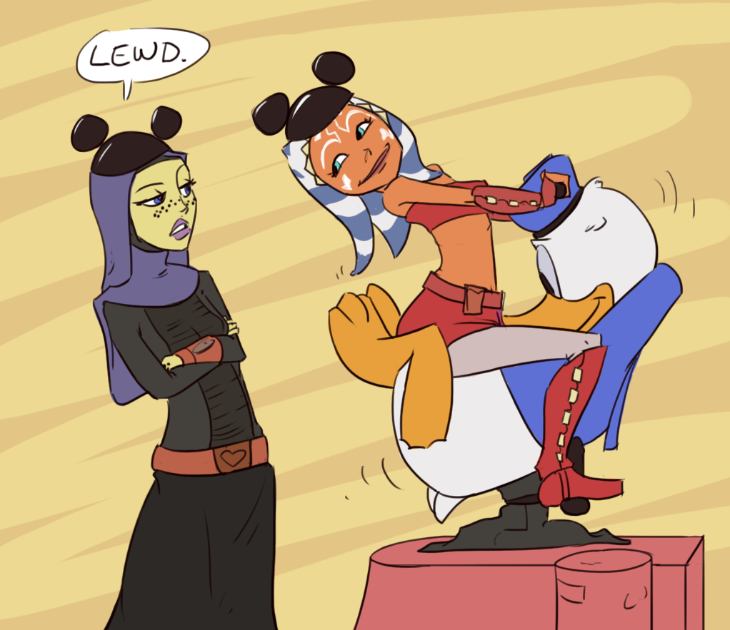 ahsoka_tano alien avian barriss_offee bird clothing crossover dialogue disney donald_duck duo english_text female humanoid machine markings mirialan motion_lines naughty_face not_furry smile star_wars suggestive text togruta tourbillon