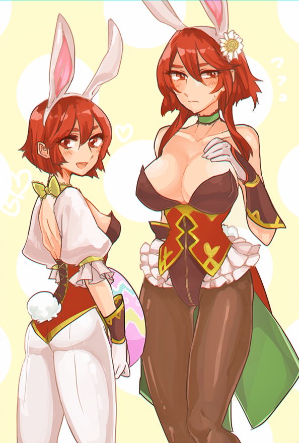 animal_ears ass blush breasts bunny_ears bunny_girl bunny_tail bunnysuit choker coattails egg fake_animal_ears fire_emblem fire_emblem:_monshou_no_nazo fire_emblem_heroes gloves large_breasts leotard long_hair looking_at_viewer maria_(fire_emblem) minerva_(fire_emblem) multiple_girls open_mouth pantyhose red_eyes red_hair ribbon_choker short_hair simple_background smile tail tnmrdgr white_background