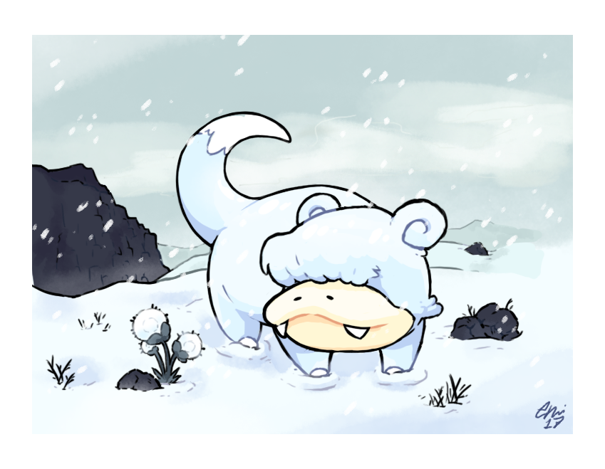 creature excarabu fangs flower full_body gen_1_pokemon hair_over_eyes no_humans not_shiny_pokemon pokemon pokemon_(creature) pun rock slowpoke snow snowing solo winter