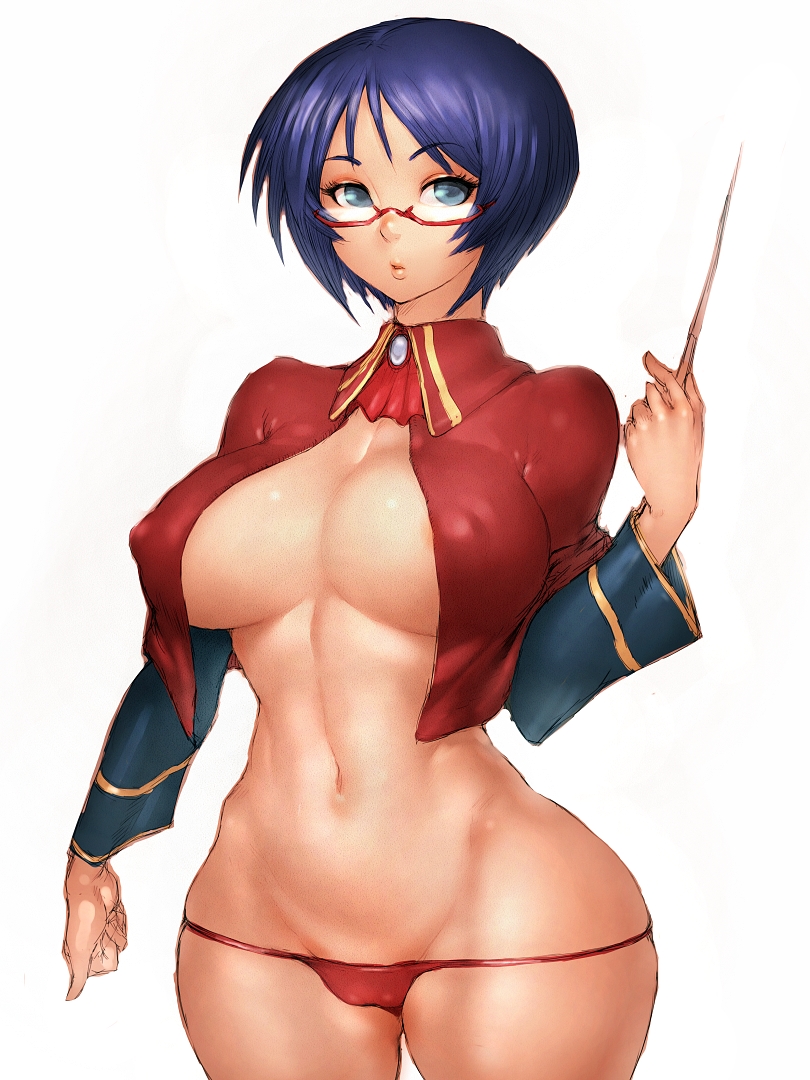 amelia_(quiz_magic_academy) areola_slip areolae blue_eyes blue_hair breasts cameltoe covered_nipples curvy fumio_(rsqkr) hips large_breasts looking_at_viewer navel quiz_magic_academy red-framed_eyewear short_hair simple_background skindentation solo thick_thighs thighs wand white_background wide_hips
