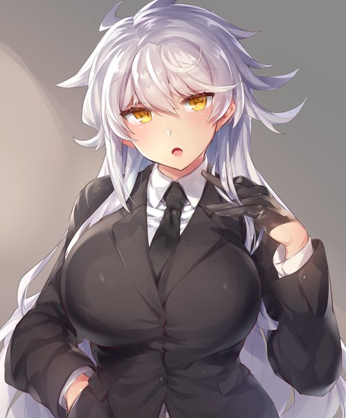 asymmetrical_hair black_gloves black_jacket black_neckwear blush breasts business_suit collared_shirt formal gloves gradient gradient_background grey_background half_gloves hand_in_pocket jacket kantai_collection large_breasts long_hair long_sleeves looking_at_viewer messy_hair necktie open_mouth shirt silver_hair solo suit unryuu_(kantai_collection) upper_body very_long_hair white_shirt yamaarashi yellow_eyes