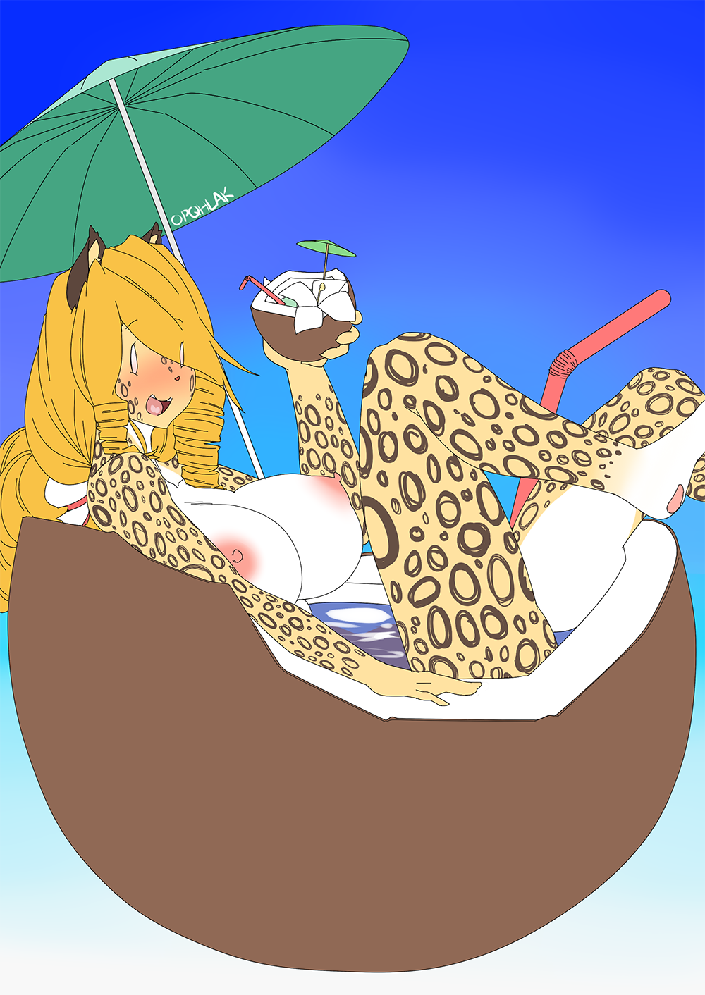 anthro big_breasts blush breasts cheetah coconut feline female food fruit mammal nipples no_pupils nude opqhlak outside smile solo umbrella