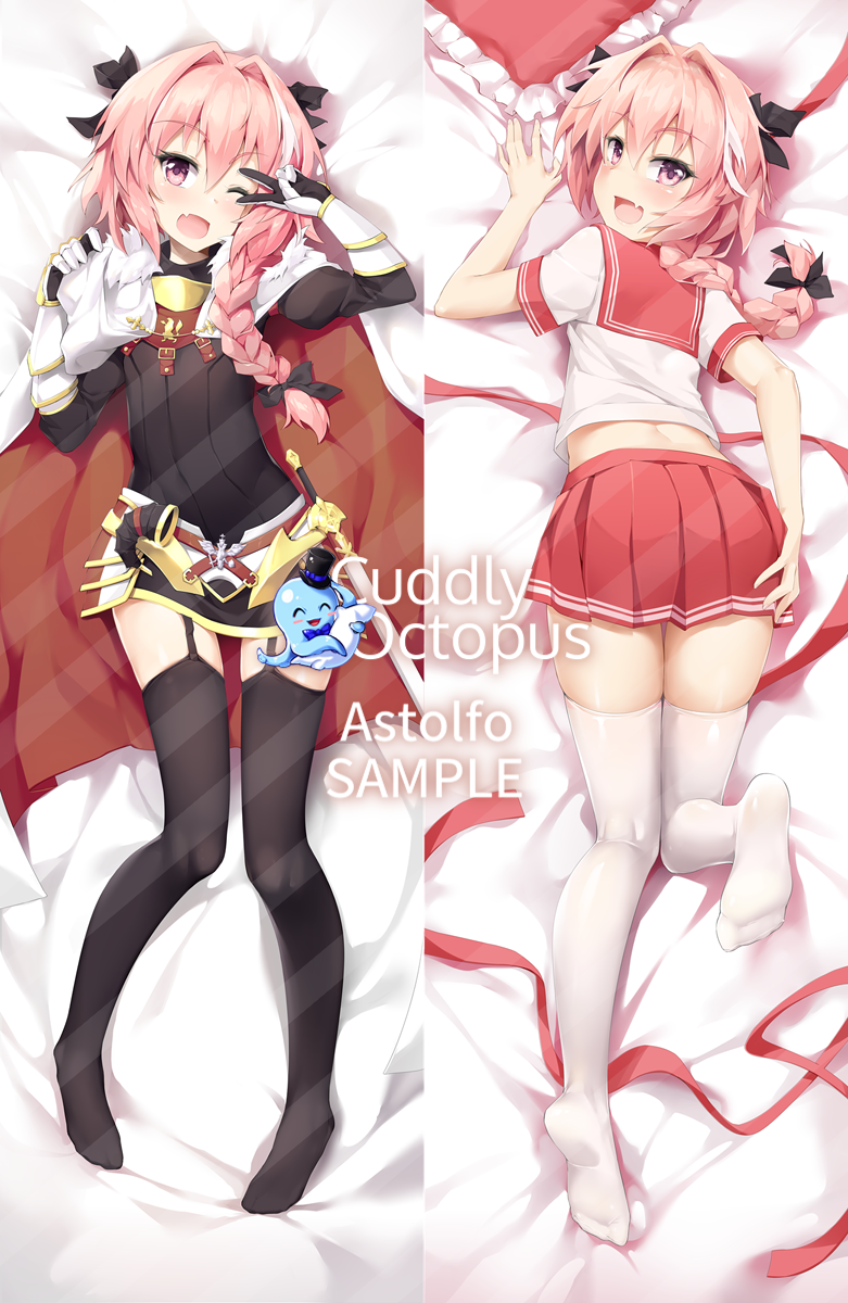 :d ;d arm_support astolfo_(fate) bangs bed_sheet black_bow black_gloves black_legwear black_shirt black_skirt blush bow braid buckle character_name commentary_request copyright_name crop_top cuddly_octopus dakimakura dot_nose emblem eyebrows_visible_through_hair fang fate/apocrypha fate/grand_order fate_(series) faulds frilled_pillow frills full_body fur-trimmed_cloak fur_collar garter_straps gauntlets gloves gold_trim gorget hair_between_eyes hair_bow hair_intakes hair_over_shoulder hand_on_own_thigh hand_up hands_up head_tilt highres horn_(instrument) knees_together_feet_apart leg_up long_hair long_sleeves looking_at_viewer looking_back lying male_focus miniskirt multicolored_hair multiple_views no_shoes on_back on_stomach one_eye_closed open_mouth otoko_no_ko pillow pink_hair pleated_skirt puffy_long_sleeves puffy_sleeves purple_eyes raised_eyebrows red_ribbon red_sailor_collar red_skirt ribbon sailor_collar sample school_uniform serafuku shirt short_sleeves shuffle_(songdatiankong) single_braid skirt sleeve_cuffs smile soles stomach sword thigh_gap thighhighs turtleneck two-tone_hair v_over_eye weapon white_cloak white_hair white_legwear white_shirt zettai_ryouiki