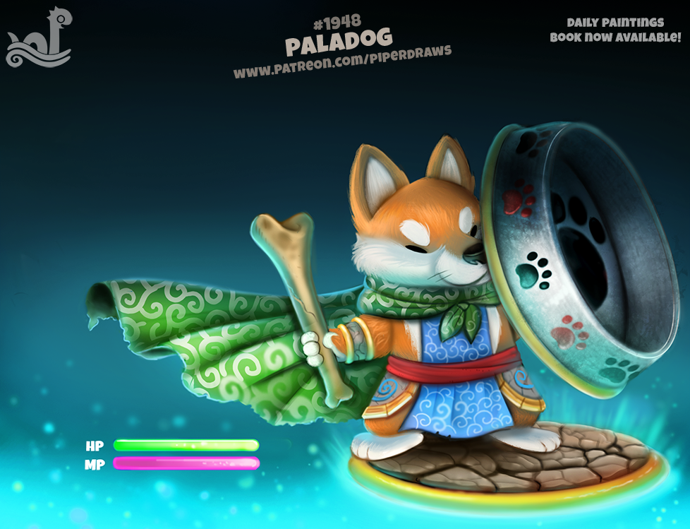 ambiguous_gender anthro blue_background bone bowl brown_fur canine cape clothed clothing club_(weapon) cryptid-creations dog eyes_closed food_bowl fur humor mammal melee_weapon paladin pawprint pun shield simple_background solo weapon white_fur