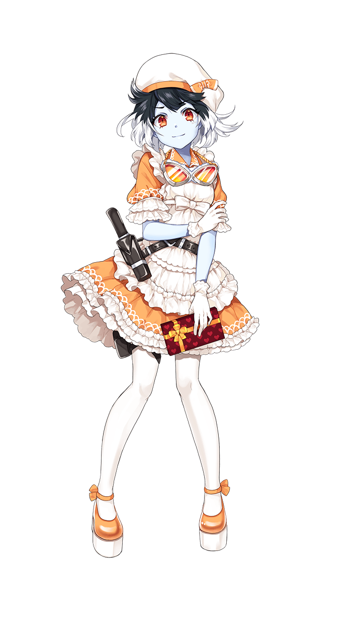 alternate_costume black_hair dress enmaided formation_girls full_body gift gloves goggles goggles_around_neck hand_on_own_elbow hat highres holding holding_gift looking_at_viewer maid marina_fudou multicolored_hair official_art orange_dress orange_footwear ririkuto short_hair short_sleeves solo transparent_background two-tone_hair white_gloves white_hair white_hat