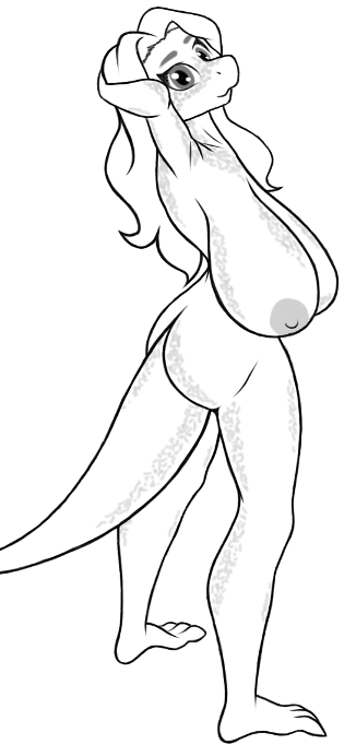 anthro big_breasts breasts female greyscale hair huge_breasts lizard monochrome nude reptile samantha_brooks sarcolopter scalie simple_background solo