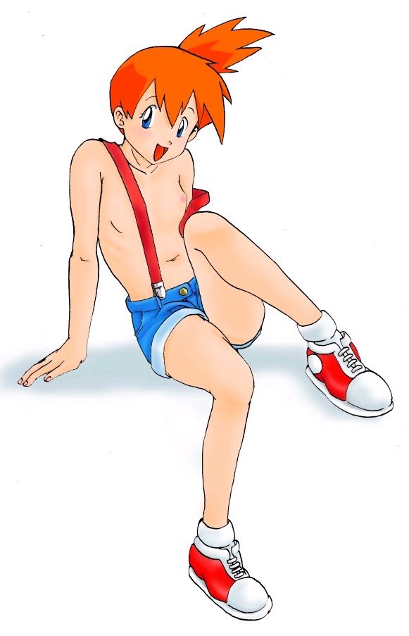 1girl arm_support bare_shoulders blue_eyes breasts gym_leader kasumi_(pokemon) legs looking_at_viewer misty naked_suspenders navel nintendo open_mouth orange_hair pokemon ponytail shoes short_hair shorts side_ponytail simple_background sitting smile sneakers solo suspenders white_background