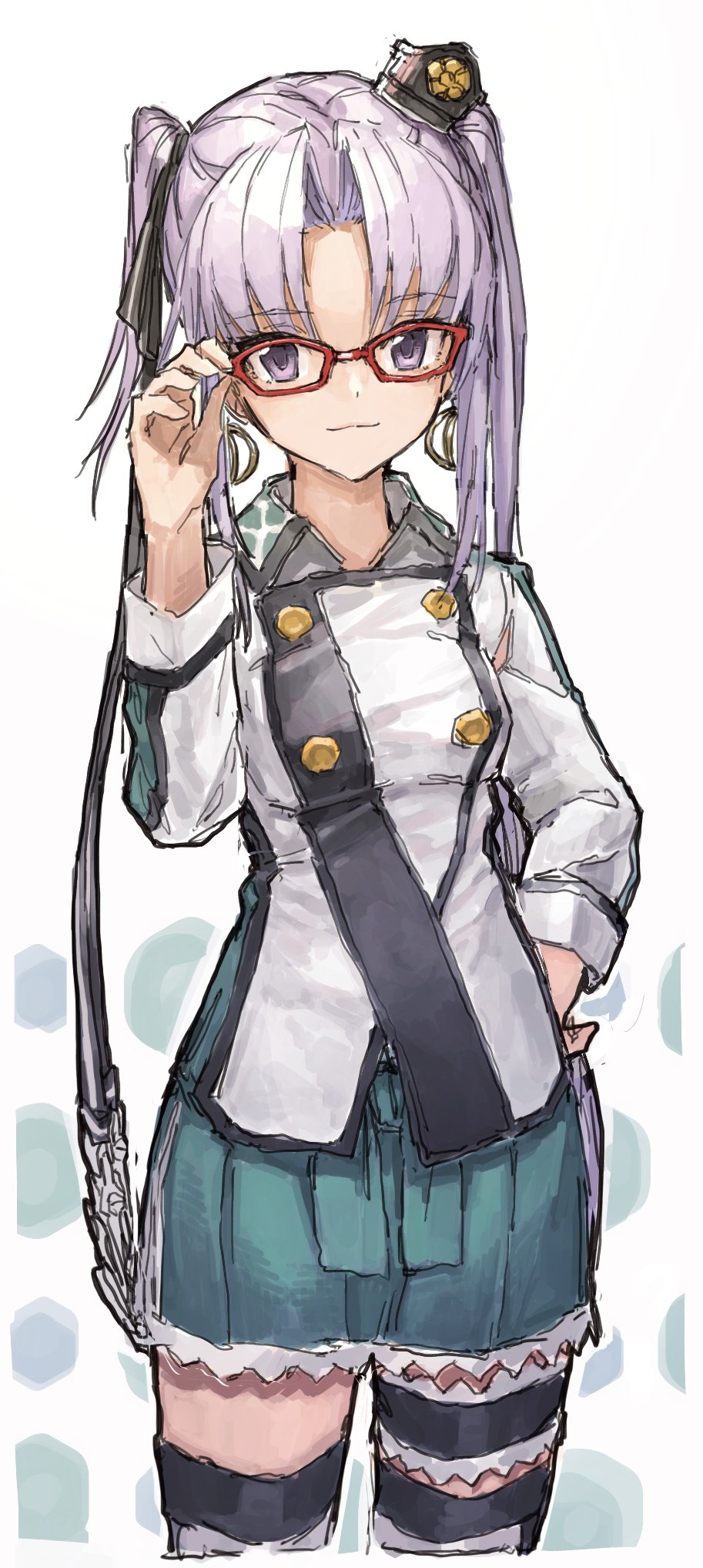 1girl air_qh akitsushima_(kantai_collection) anchor bangs bespectacled black_ribbon breasts closed_mouth double-breasted earrings glasses hair_ribbon hand_on_eyewear hand_on_hip hand_up hat highres holding holding_eyewear hoop_earrings jewelry kantai_collection leg_garter long_hair looking_at_viewer military military_uniform mini_hat miniskirt polka_dot polka_dot_background purple_eyes red-framed_eyewear ribbon side_ponytail silver_eyes silver_hair simple_background sketch skirt small_breasts smile solo thighhighs tilted_headwear twintails uniform white_background zettai_ryouiki