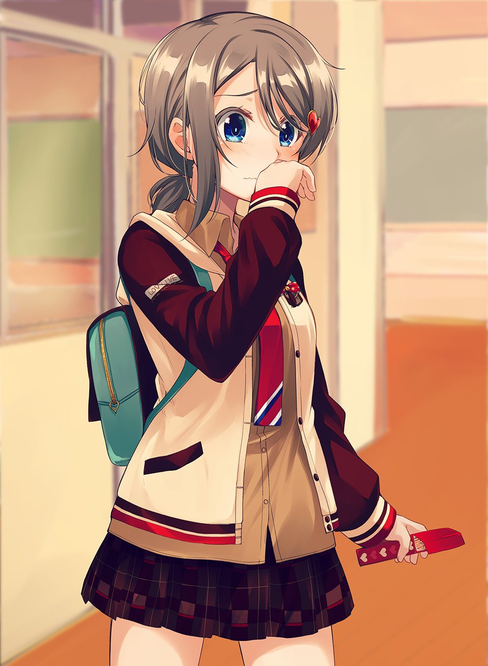 backpack bag blue_eyes blush box brown_skirt commentary_request cowboy_shot grey_hair hallway hand_to_own_mouth heart heart_hands highres holding holding_box jacket long_sleeves love_live! love_live!_school_idol_festival love_live!_sunshine!! miniskirt nanotsuki neckerchief plaid plaid_skirt pleated_skirt ponytail red_neckwear school skirt solo tearing_up watanabe_you wavy_mouth