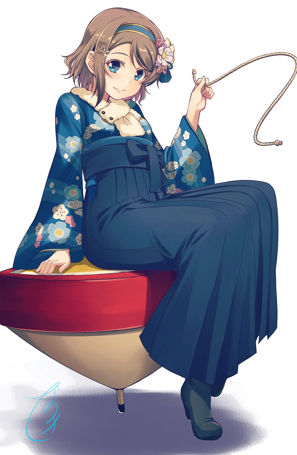 blue_eyes blue_hakama blue_kimono boots floral_print flower grey_hair hair_flower hair_ornament hairband hairpin hakama highres holding_rope japanese_clothes kimono long_sleeves looking_at_viewer love_live! love_live!_sunshine!! nanotsuki rope short_hair signature sitting sitting_on_object smile solo spinning_top watanabe_you white_background wide_sleeves