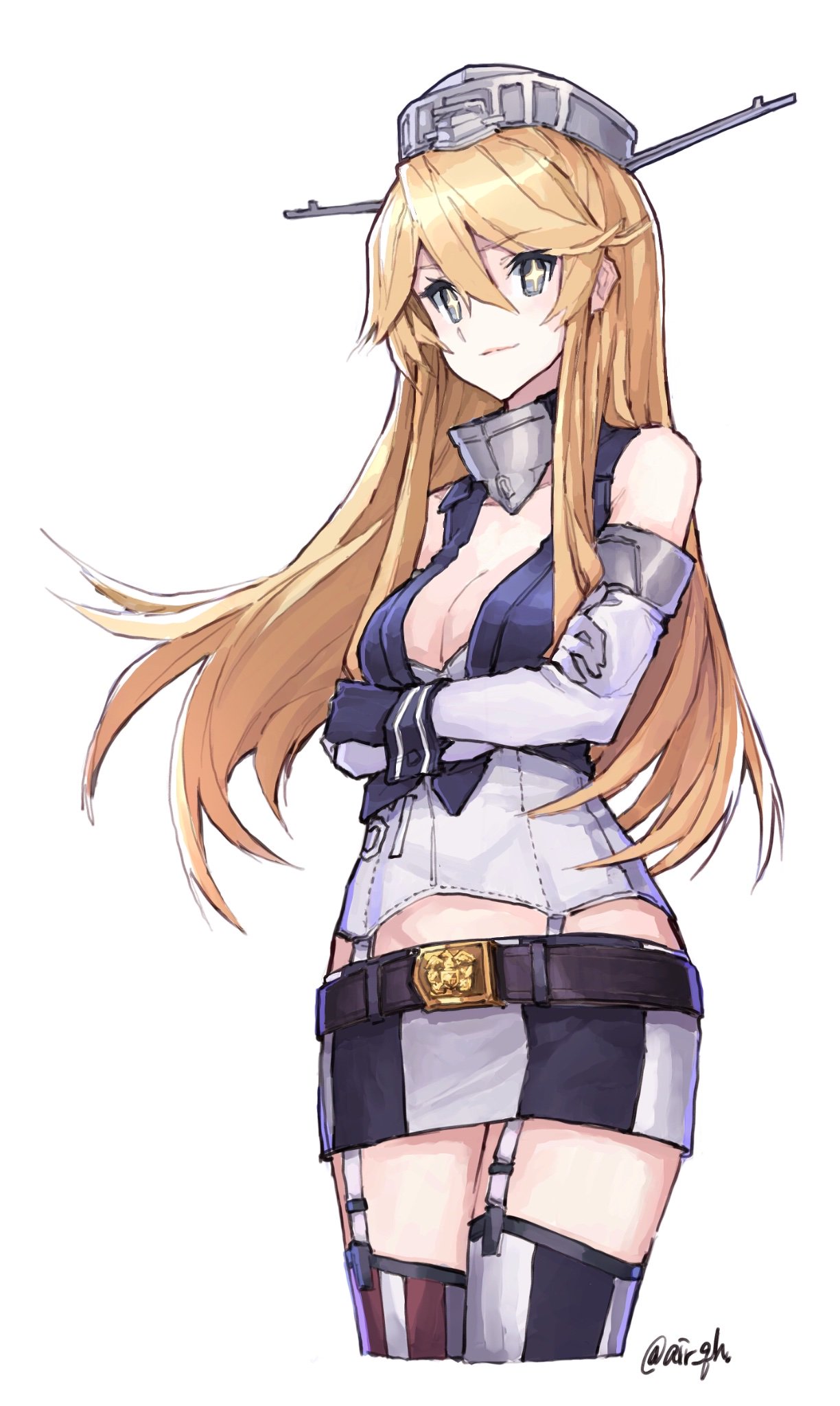 1girl air_qh artist_name bangs belt belt_buckle blonde_hair blue_eyes breasts buckle cleavage closed_mouth crossed_arms elbow_gloves front-tie_top garter_straps gloves hair_between_eyes headgear highres iowa_(kantai_collection) kantai_collection lips long_hair looking_at_viewer mismatched_legwear simple_background skirt smile solo star star-shaped_pupils striped striped_legwear symbol-shaped_pupils thighhighs vertical-striped_legwear vertical-striped_skirt vertical_stripes white_background zettai_ryouiki