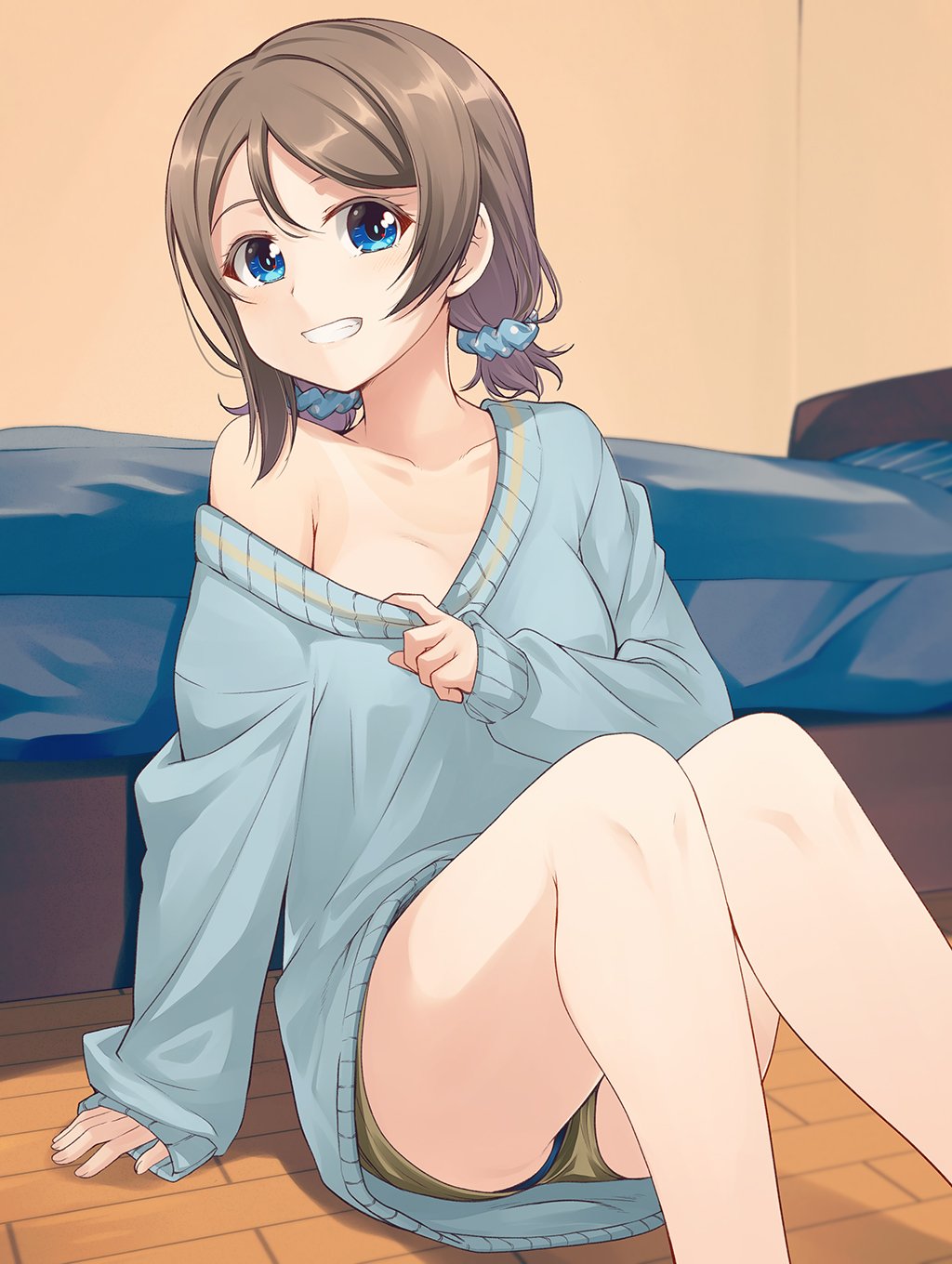 alternate_hairstyle bed blue_eyes blue_scrunchie blue_shirt collar_tug commentary_request grey_hair grin highres long_sleeves looking_at_viewer love_live! love_live!_sunshine!! nanotsuki off-shoulder_shirt oversized_clothes oversized_shirt polka_dot polka_dot_scrunchie scrunchie shirt short_shorts short_twintails shorts sitting sitting_on_floor smile solo sweatshirt twintails watanabe_you
