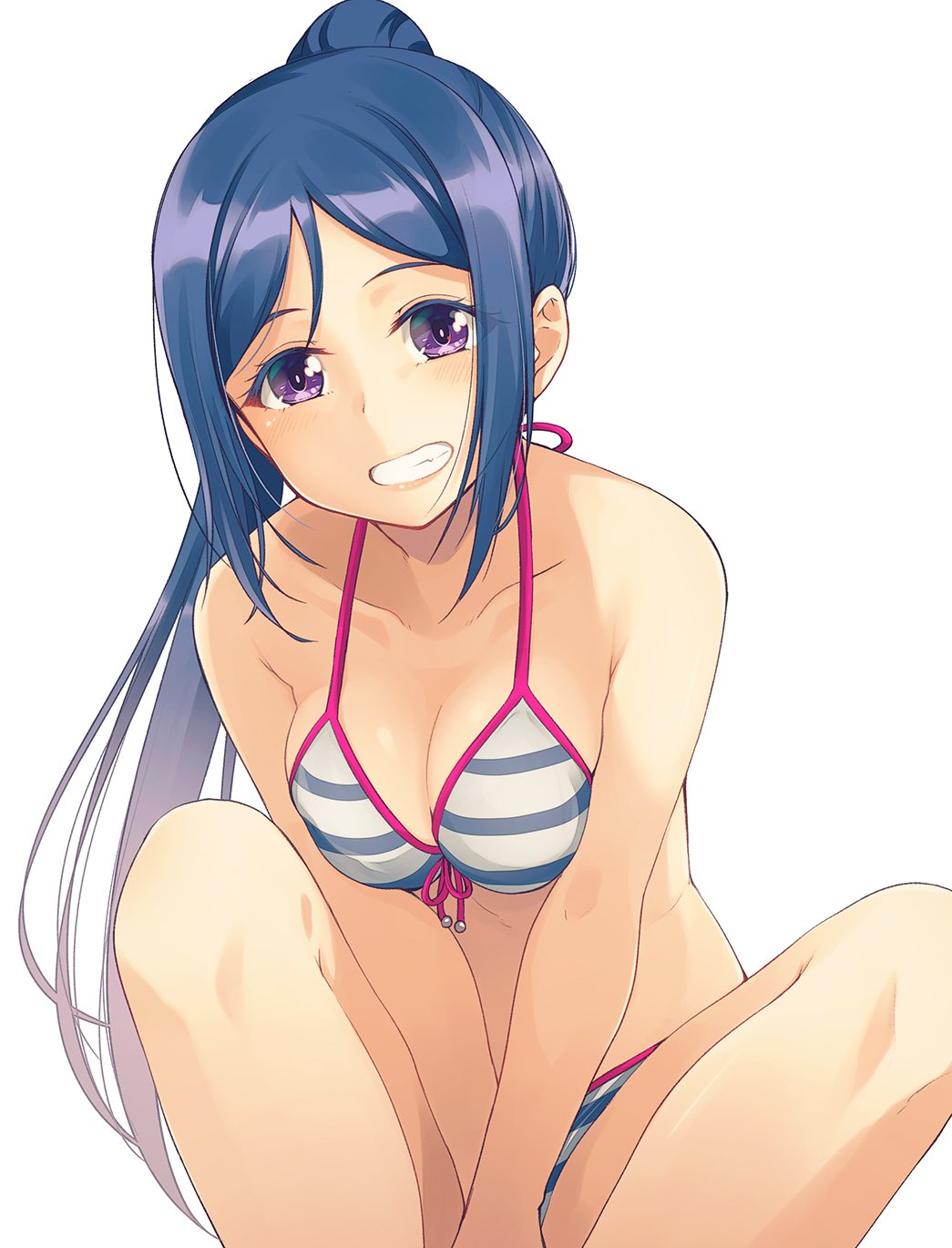 between_legs bikini blue_hair breasts cleavage front-tie_bikini front-tie_top grin halterneck hand_between_legs highres long_hair long_ponytail looking_at_viewer love_live! love_live!_sunshine!! matsuura_kanan medium_breasts nanotsuki ponytail purple_eyes sidelocks simple_background smile solo striped striped_bikini swimsuit white_background