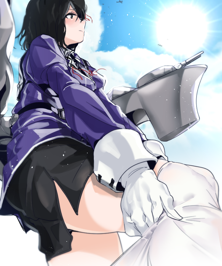 bitchcraft123 black_hair black_skirt blue_sky blush brown_eyes cloud commentary_request day from_below gloves haguro_(kantai_collection) hair_between_eyes hair_ornament juliet_sleeves kantai_collection long_sleeves looking_afar machinery military military_uniform pantyhose pantyhose_pull pantyhose_tug pencil_skirt puffy_sleeves remodel_(kantai_collection) rigging short_hair sidelocks skirt sky solo thighs uniform water_drop white_gloves white_legwear