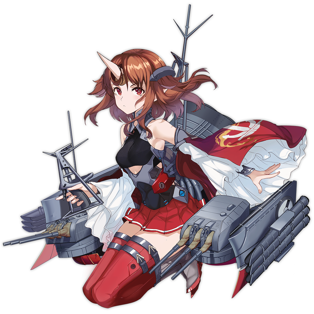 anchor_print azur_lane bare_shoulders breasts bright_pupils brown_hair closed_mouth detached_sleeves fingernails frown full_body horn index_finger_raised machinery medium_breasts miniskirt mogami_(azur_lane) pleated_skirt pointy_ears realmbw red_eyes red_legwear red_skirt short_hair skirt solo tachi-e thighhighs torpedo torpedo_tubes transparent_background turret white_pupils wide_sleeves zettai_ryouiki