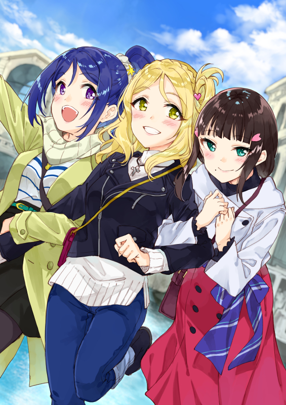 3girls :d aqua_eyes arm_up bag bangs belt_buckle between_breasts black_jacket black_skirt blonde_hair blue_bow blue_hair blunt_bangs bow braid breasts brown_hair buckle casual closed_mouth cloud cloudy_sky coat commentary_request cross cross_necklace crown_braid day denim dutch_angle eyebrows_visible_through_hair green_eyes grin hair_ornament hair_rings hair_scrunchie hairclip jacket jeans jewelry kurosawa_dia leaning_forward leg_up locked_arms long_hair long_skirt long_sleeves looking_at_viewer love_live! love_live!_sunshine!! matsuura_kanan medium_breasts miyabi_akino mole mole_under_mouth multiple_girls necklace ohara_mari open_clothes open_coat open_mouth outdoors pants parted_bangs ponytail purple_eyes red_skirt scarf scrunchie shirt shoulder_bag sidelocks skirt sky smile strap_cleavage striped striped_shirt sweater tareme teeth upper_teeth white_coat white_scarf white_sweater yellow_coat