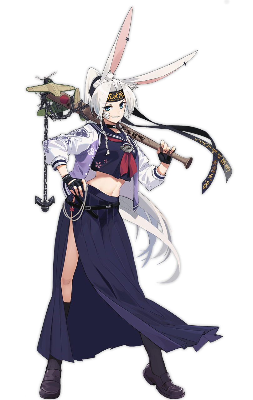 aircraft airplane anchor animal_ears animal_print azur_lane baseball_bat belt belt_buckle black_belt black_choker black_gloves black_headband black_legwear blue_eyes blue_sailor_collar blue_shirt blue_skirt buckle bunny_ears chain choker clothes_writing eyebrows eyebrows_visible_through_hair fingerless_gloves fingernails fish_print full_body gloves grin hair_intakes hand_on_hip headband high_ponytail highres hiryuu_(azur_lane) holding kneehighs legs_apart loafers long_hair long_skirt loose_belt navel neckerchief official_art open_clothes over_shoulder pleated_skirt purple_footwear red_neckwear sailor_collar school_uniform serafuku shirt shoes side_slit skirt smile solo standing stomach sukeban tachi-e transparent_background very_long_hair white_hair xiao_yeyouxi