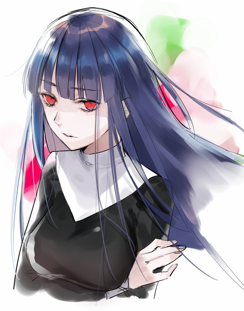 asagami_fujino bad_id bad_pixiv_id black_dress blue_hair breasts closed_mouth crossed_arms dress eyebrows_visible_through_hair fate/grand_order fate_(series) floating_hair habit ichinosenen kara_no_kyoukai large_breasts long_hair long_sleeves looking_at_viewer nun red_eyes solo upper_body