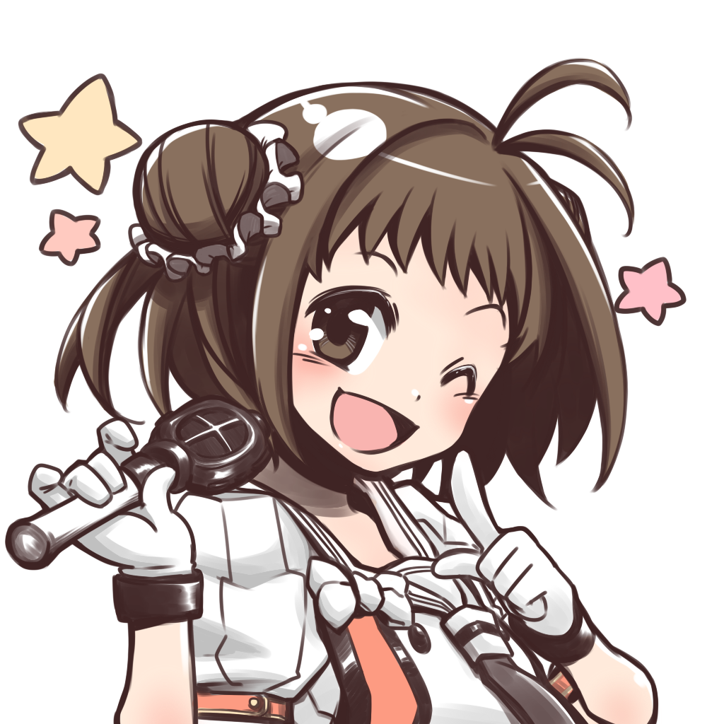 ;d bangs black_neckwear blush bow brown_eyes brown_hair buttons double_bun eyebrows_visible_through_hair finger_to_face gloves holding holding_microphone index_finger_raised kantai_collection microphone naka_(kantai_collection) neckerchief one_eye_closed open_mouth puffy_short_sleeves puffy_sleeves raised_eyebrows remodel_(kantai_collection) rikuo_(whace) sailor_collar school_uniform scrunchie serafuku short_hair short_sleeves simple_background smile solo star tongue upper_body white_background white_bow white_gloves white_sailor_collar white_scrunchie