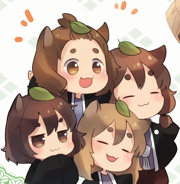 :3 animal_ears black_jacket brown_eyes brown_hair chibi commentary_request extra eyebrows_visible_through_hair freckled_tanuki jacket japanese_clothes jitome light_brown_eyes light_brown_hair medium_hair multiple_girls open_mouth own_hands_together pigtailed_tanuki raccoon_ears sen1986 short_hair short_twintails slit-eyed_tanuki tanuki_extra thick_eyebrows topknot topknot_tanuki touhou twintails wild_and_horned_hermit |3
