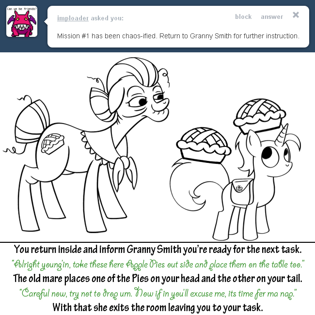 apple_pie bitterplaguerat black_and_white dialogue earth_pony english_text equine fan_character female feral food friendship_is_magic granny_smith_(mlp) horn horse loki_(bitterplaguerat) male mammal monochrome my_little_pony pony text unicorn