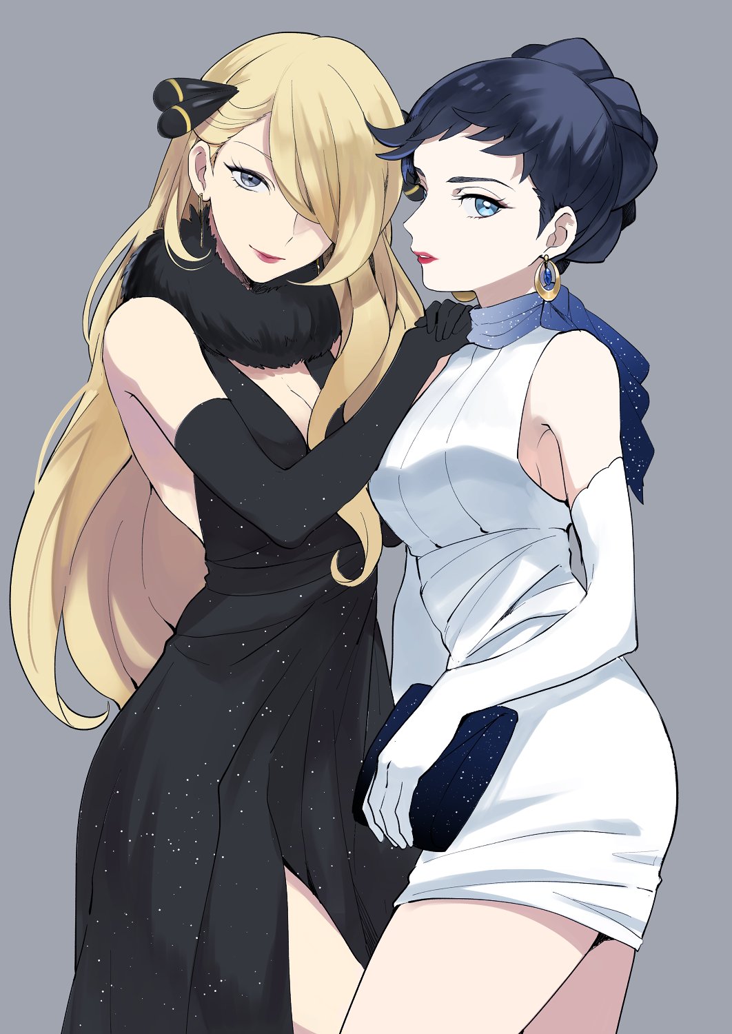 backless_dress backless_outfit bare_shoulders black_dress black_gloves black_hair blonde_hair blue_eyes breasts carnet_(pokemon) cleavage cleavage_cutout commentary_request cowboy_shot dress earrings elbow_gloves fur_trim gloves grey_background grey_eyes hair_ornament hair_over_one_eye highres jewelry lipstick long_hair looking_at_viewer makeup medium_breasts multiple_girls parted_lips pokemon pokemon_(game) pokemon_dppt pokemon_xy scarf shirona_(pokemon) short_hair simple_background smile space_print starry_sky_print very_long_hair white_dress white_gloves yukin_(es)