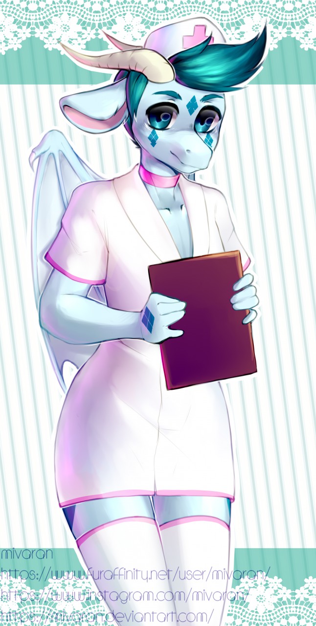 blue_eyes blue_hair blue_markings clipboard clothed clothing collar crossdressing cryozen dragon dress girly hair hat horn legwear looking_at_viewer male markings mivaran nurse nurse_uniform scales scalie solo standing stockings uniform watermark white_scales wings