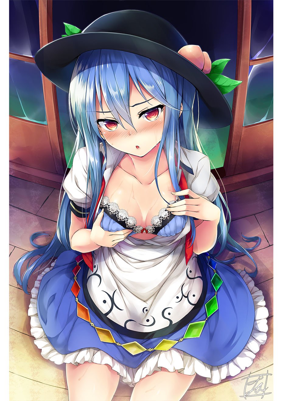 black_hat blue_bra blue_hair blue_skirt blush bow bow_bra bra breasts cleavage collarbone commentary_request fingernails food fruit hair_between_eyes hat highres hinanawi_tenshi lace lace-trimmed_bra leaf long_hair looking_at_viewer medium_breasts peach petticoat puffy_short_sleeves puffy_sleeves red_eyes self_fondle shiny shiny_hair short_sleeves sitting skirt solo sweat tirotata touhou underwear very_long_hair