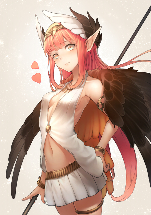 armlet armpits bangs banned_artist bare_shoulders black_wings blue_eyes blush bracelet breasts brown_background brown_eyes circe_(fate/grand_order) closed_mouth cowboy_shot eyebrows_visible_through_hair fate/grand_order fate_(series) feathered_wings gradient gradient_background hairband hand_on_hip head_wings holding holding_staff jewelry kyoeiki lips long_hair miniskirt multicolored multicolored_eyes navel necklace pink_hair pleated_skirt pointy_ears skirt small_breasts smile solo staff standing stomach tareme thigh_strap very_long_hair white_skirt wings