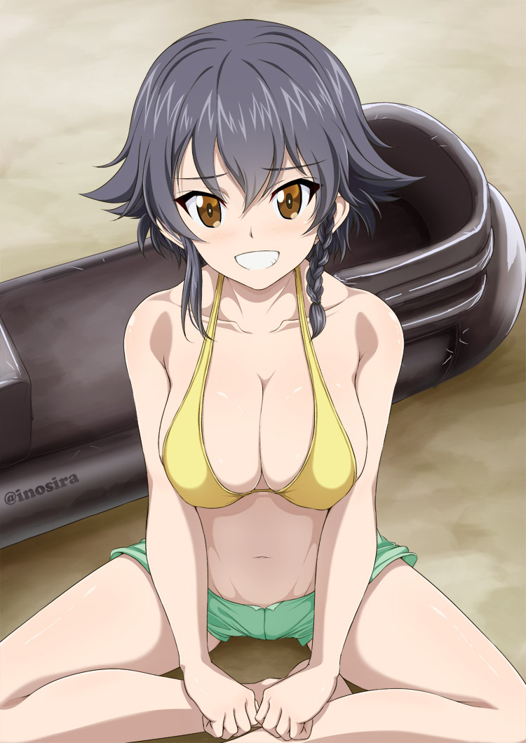 bangs bare_shoulders beach bikini_top black_hair blush braid breasts brown_eyes cleavage collarbone commentary eyebrows_visible_through_hair girls_und_panzer green_shorts grin hair_between_eyes halter_top halterneck indian_style inflatable_toy inoshira large_breasts looking_at_viewer navel pepperoni_(girls_und_panzer) shiny shiny_hair shiny_skin short_braid short_hair short_shorts shorts side_braid sitting smile solo thighs twitter_username yellow_bikini_top