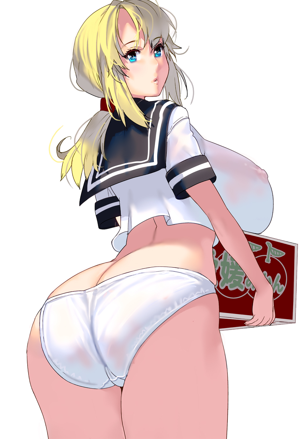 1girl ass blonde_hair blue_eyes breasts butt_crack curvy erect_nipples female from_behind highres huge_breasts leaning_forward long_hair looking_at_viewer looking_back masao nipples no_bra no_pants original panties ponytail school_uniform see-through shirt simple_background solo standing underwear uniform white_background white_panties