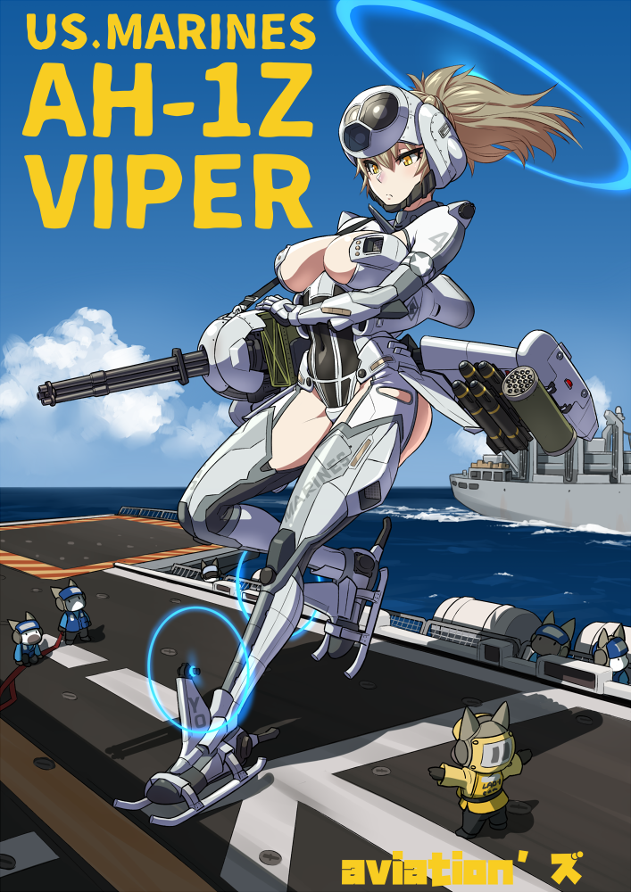 ah-1z_viper aircraft bomb breasts brown_hair cat character_name cleavage commentary covered_navel expressionless gatling_gun giantess gun headgear helicopter large_breasts leotard long_hair low_wings marine_corps mecha_musume mechanical_wings mikoyan minigun missile_pod ocean original personification ponytail ship solo_focus us_navy watercraft weapon wings yellow_eyes