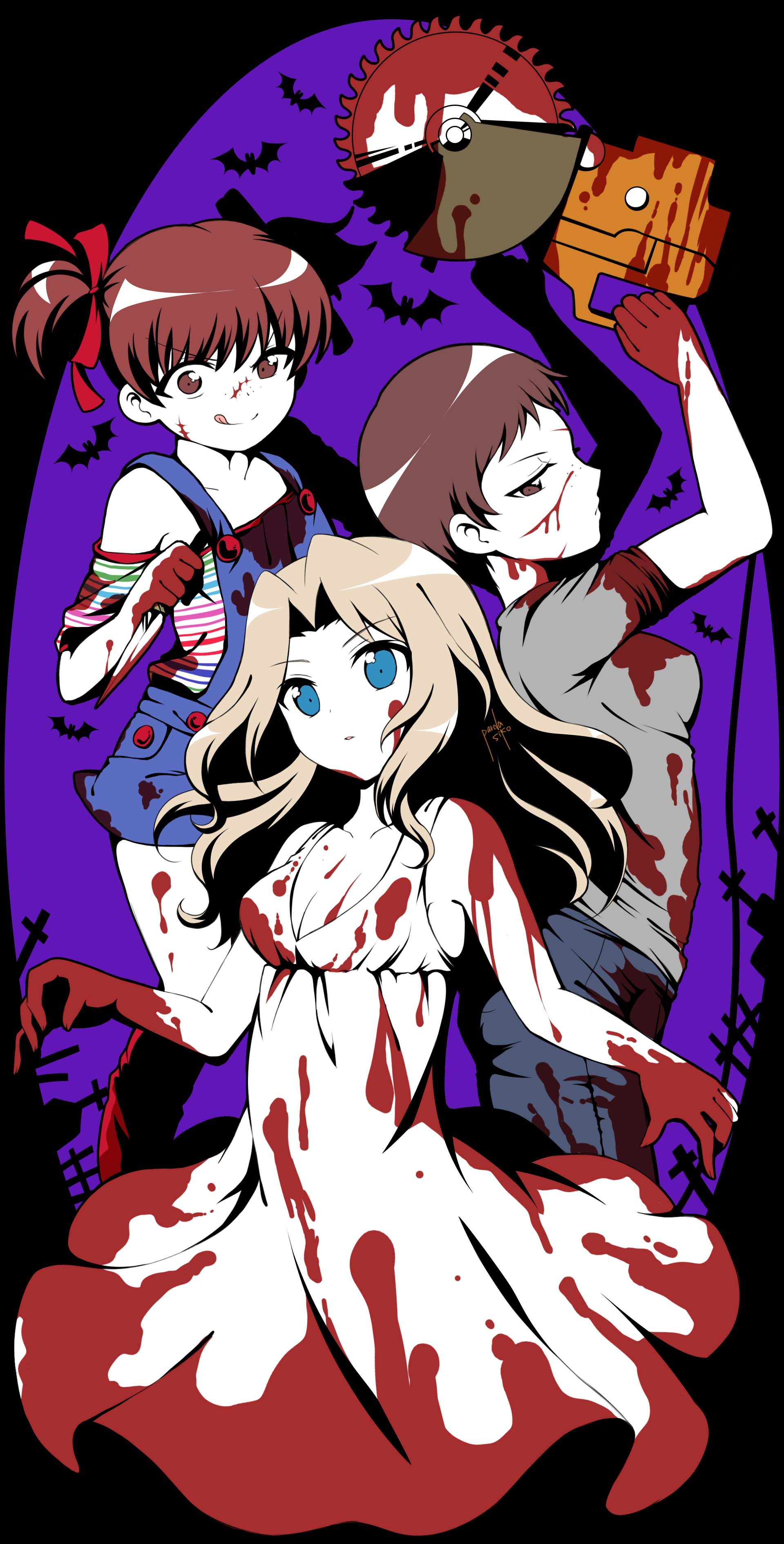 :q absurdres alisa_(girls_und_panzer) animal_print arms_up artist_name bat_print black_pants blonde_hair blood blood_on_face blood_on_leg bloody_clothes bloody_dress bloody_hands blue_coveralls blue_eyes breasts brown_eyes brown_hair circular_saw cleavage closed_mouth commentary_request cross dress eyebrows_visible_through_hair facial_scar freckles from_side girls_und_panzer graveyard grey_shirt hair_intakes hair_ribbon halloween halloween_costume highres holding holding_knife holding_weapon kay_(girls_und_panzer) knife long_hair multicolored multicolored_shirt multicolored_stripes multiple_girls naomi_(girls_und_panzer) off_shoulder overall_shorts overalls pants parda_siko parted_lips red_ribbon reverse_grip ribbon scar scar_on_cheek shirt short_hair short_sleeves short_twintails signature small_breasts smirk striped striped_shirt sundress tongue tongue_out twintails v-shaped_eyebrows very_short_hair weapon white_dress